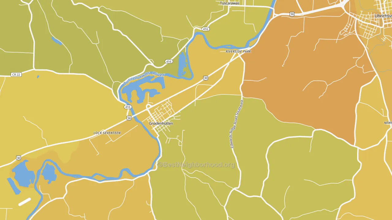 Map of the best neighborhoods in the Riverside Park area, with better matches in green and worse matches in red