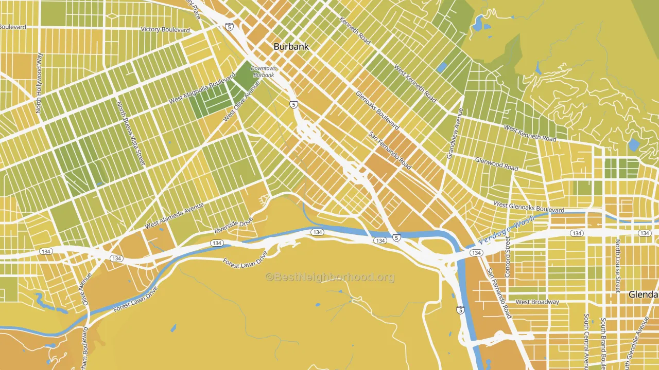 Map of the best neighborhoods in the Riverside Rancho, Glendale area, with better matches in green and worse matches in red