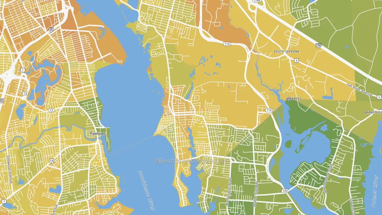 Map of the best neighborhoods in the Riverside area, with better matches in green and worse matches in red