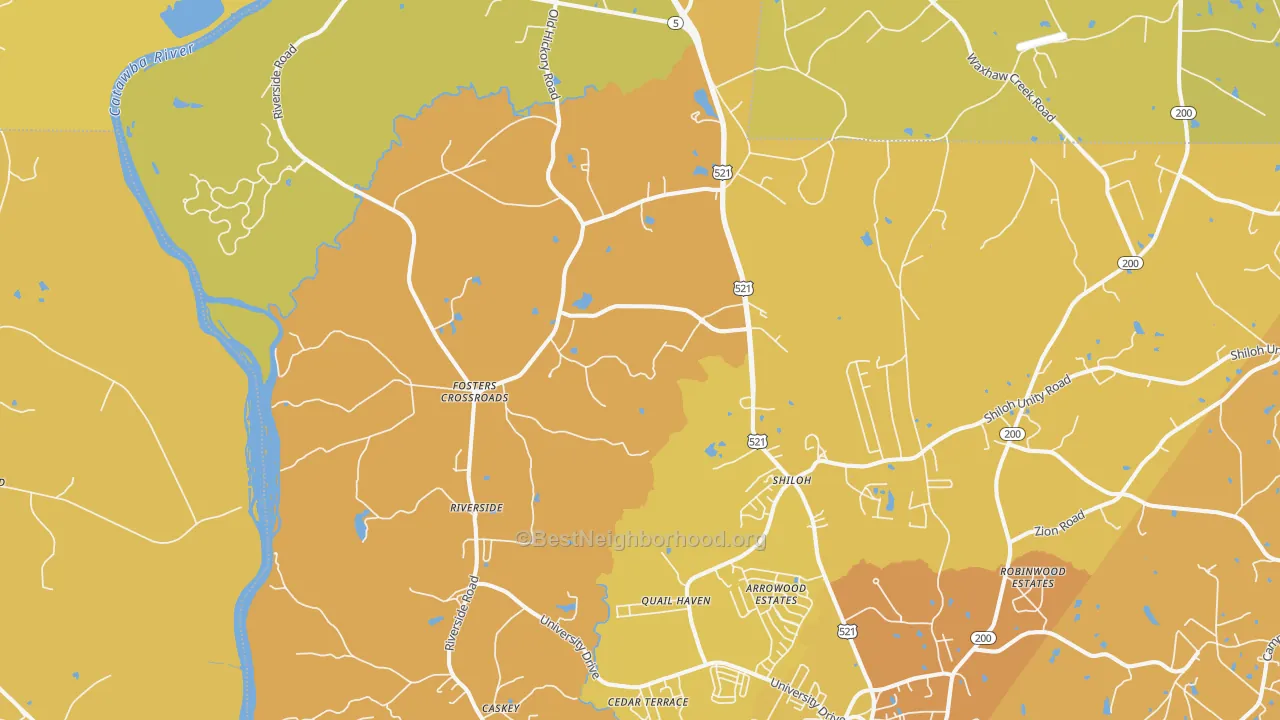 Map of the best neighborhoods in the Riverside area, with better matches in green and worse matches in red