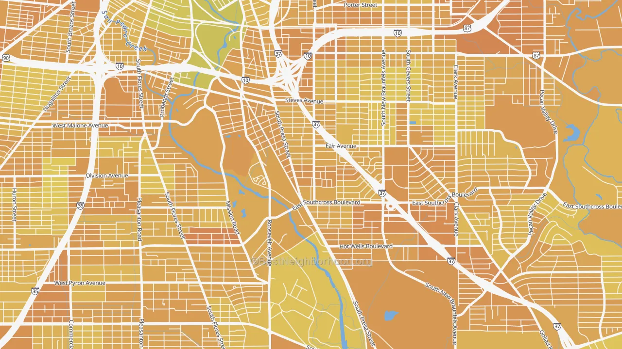 Map of the best neighborhoods in the Riverside South, San Antonio area, with better matches in green and worse matches in red
