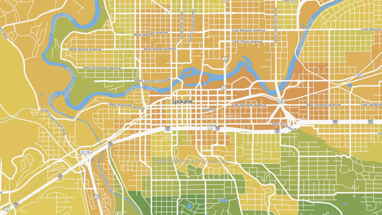 Map of the best neighborhoods in the Riverside, Spokane area, with better matches in green and worse matches in red