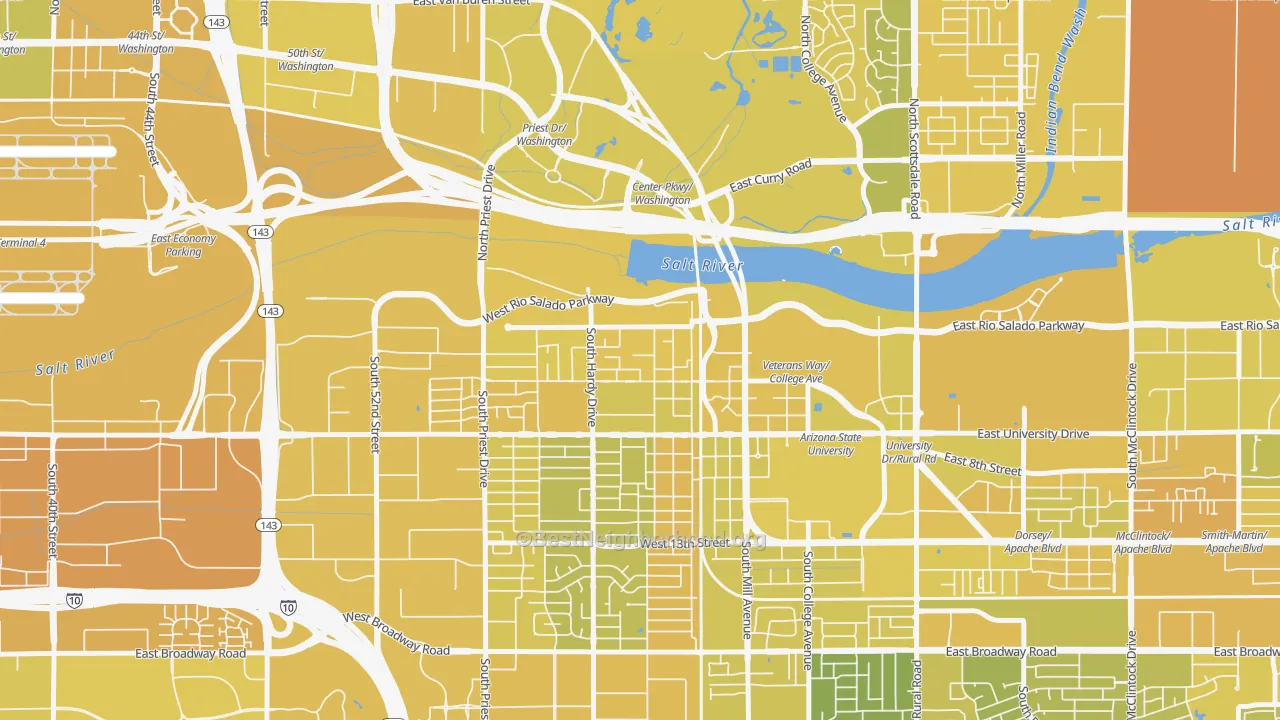 Map of the best neighborhoods in the Riverside, Tempe area, with better matches in green and worse matches in red