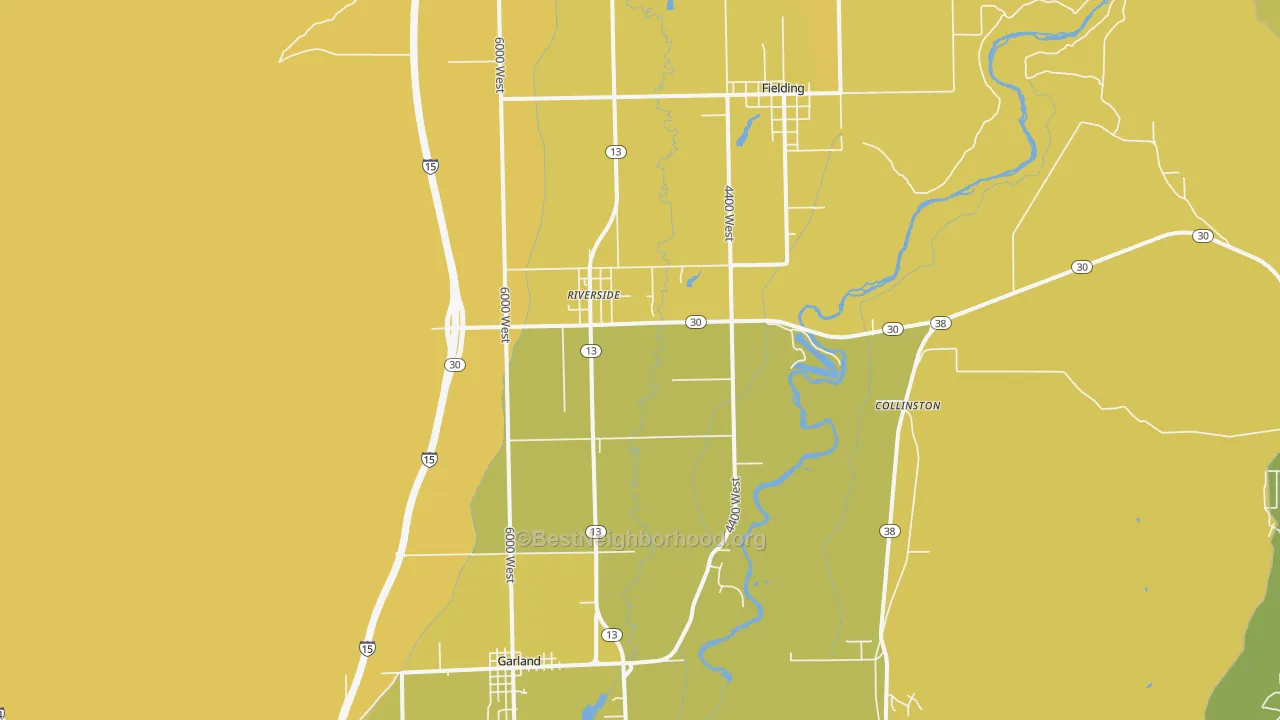 Map of the best neighborhoods in the Riverside area, with better matches in green and worse matches in red