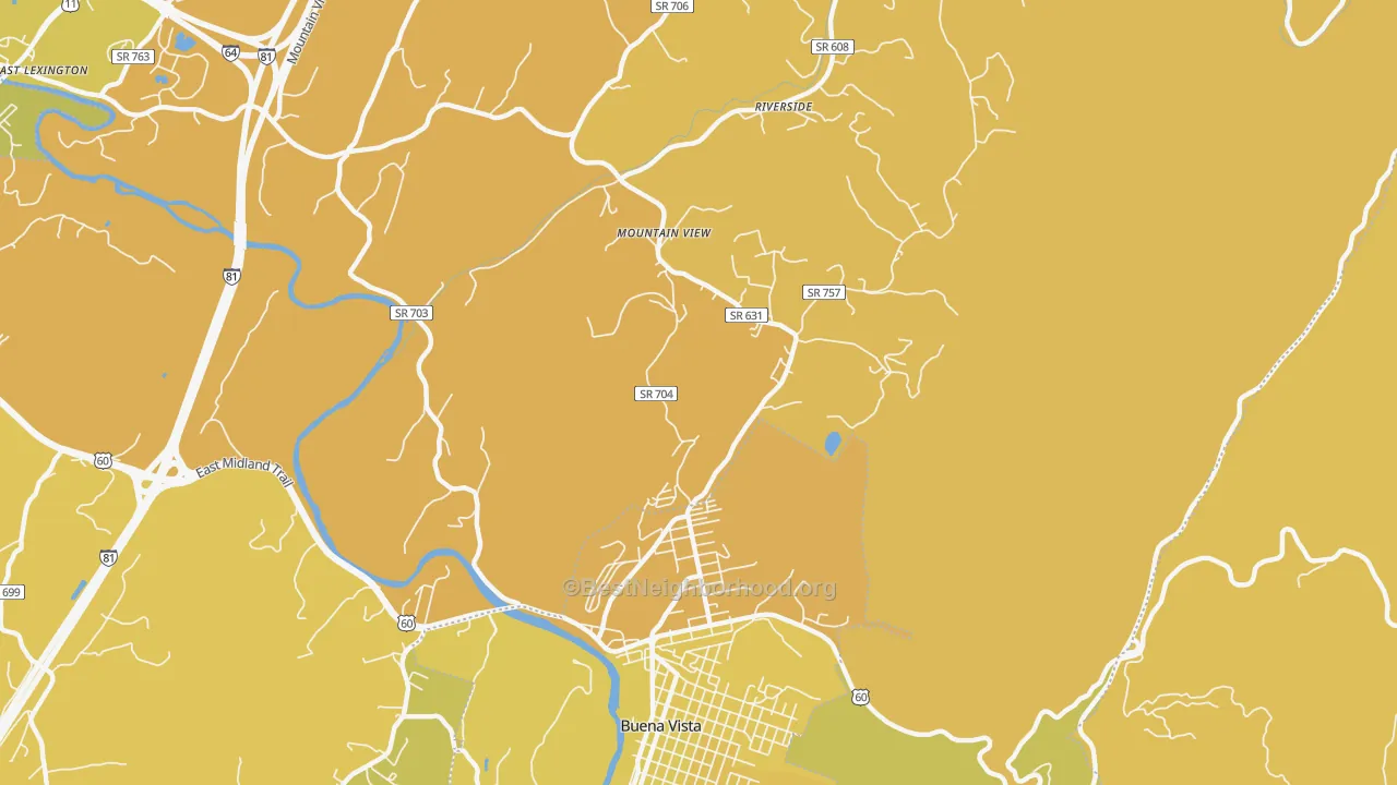 Map of the best neighborhoods in the Riverside area, with better matches in green and worse matches in red