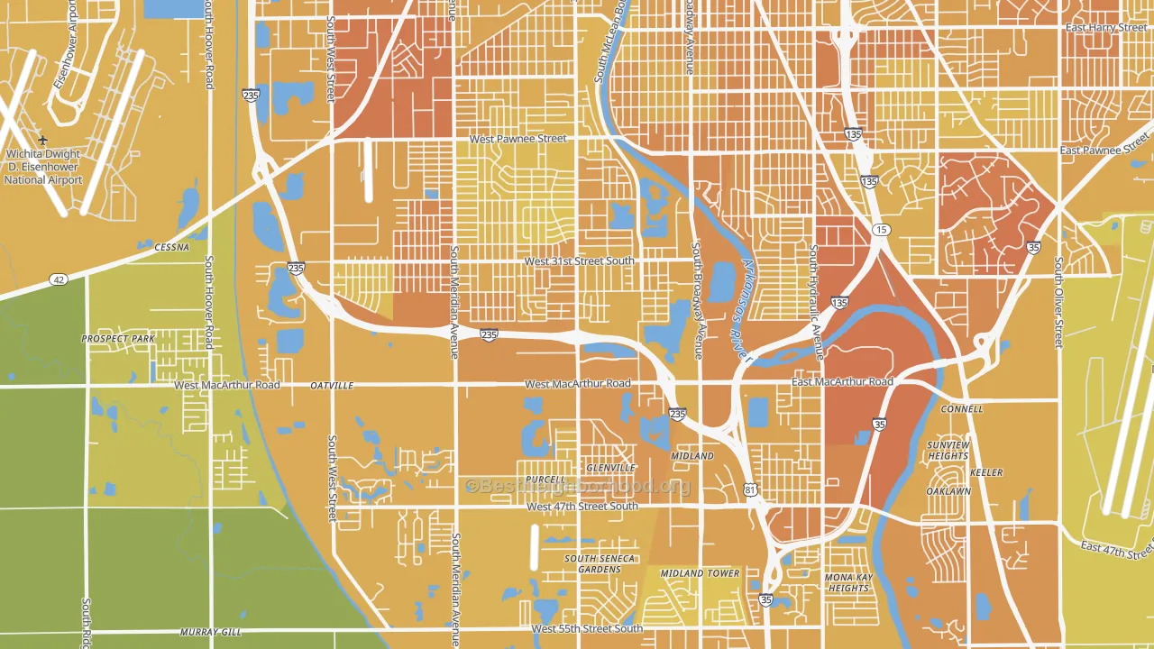 Map of the best neighborhoods in the Riverside, Wichita area, with better matches in green and worse matches in red