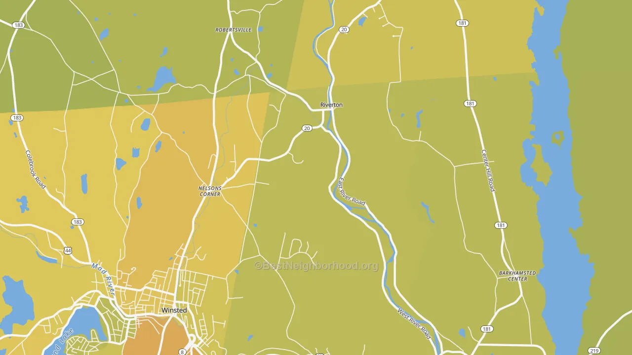 Map of the best neighborhoods in the Riverton area, with better matches in green and worse matches in red