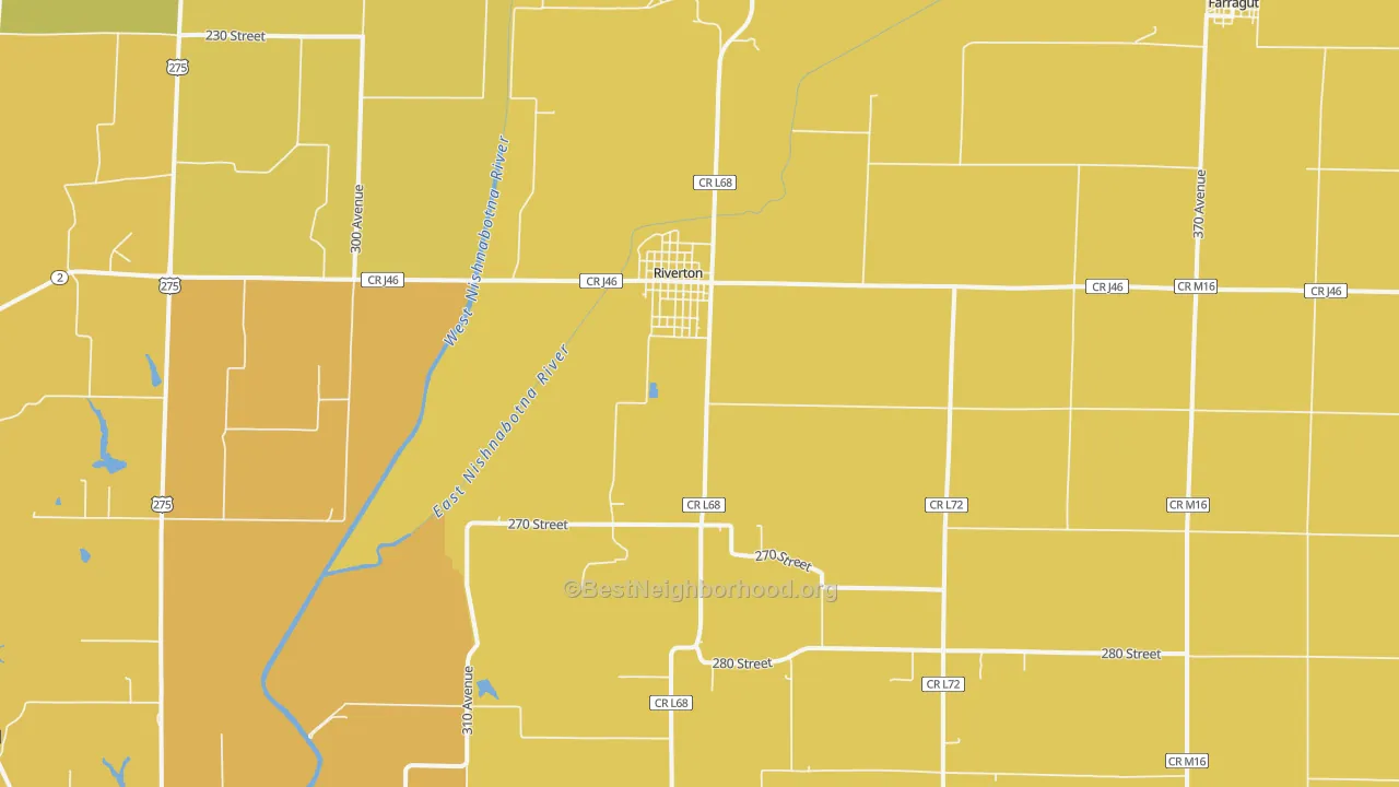 Map of the best neighborhoods in the Riverton area, with better matches in green and worse matches in red