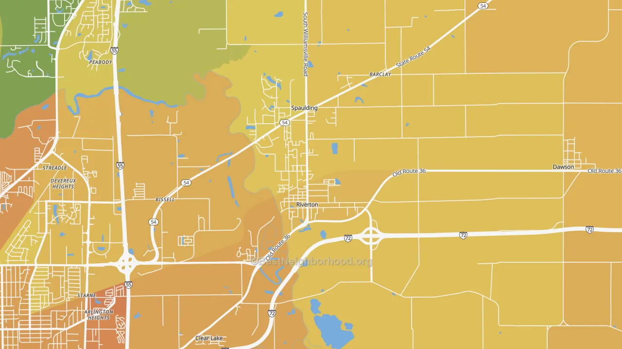 Map of the best neighborhoods in the Riverton area, with better matches in green and worse matches in red