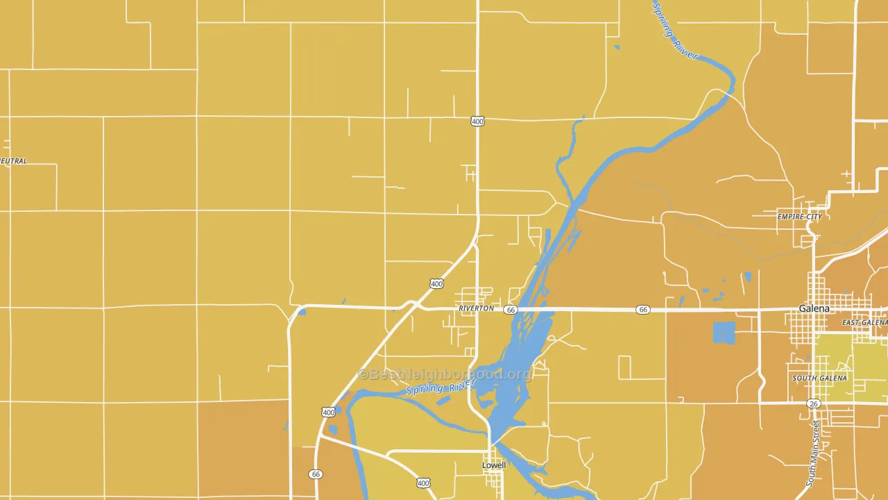 Map of the best neighborhoods in the Riverton area, with better matches in green and worse matches in red