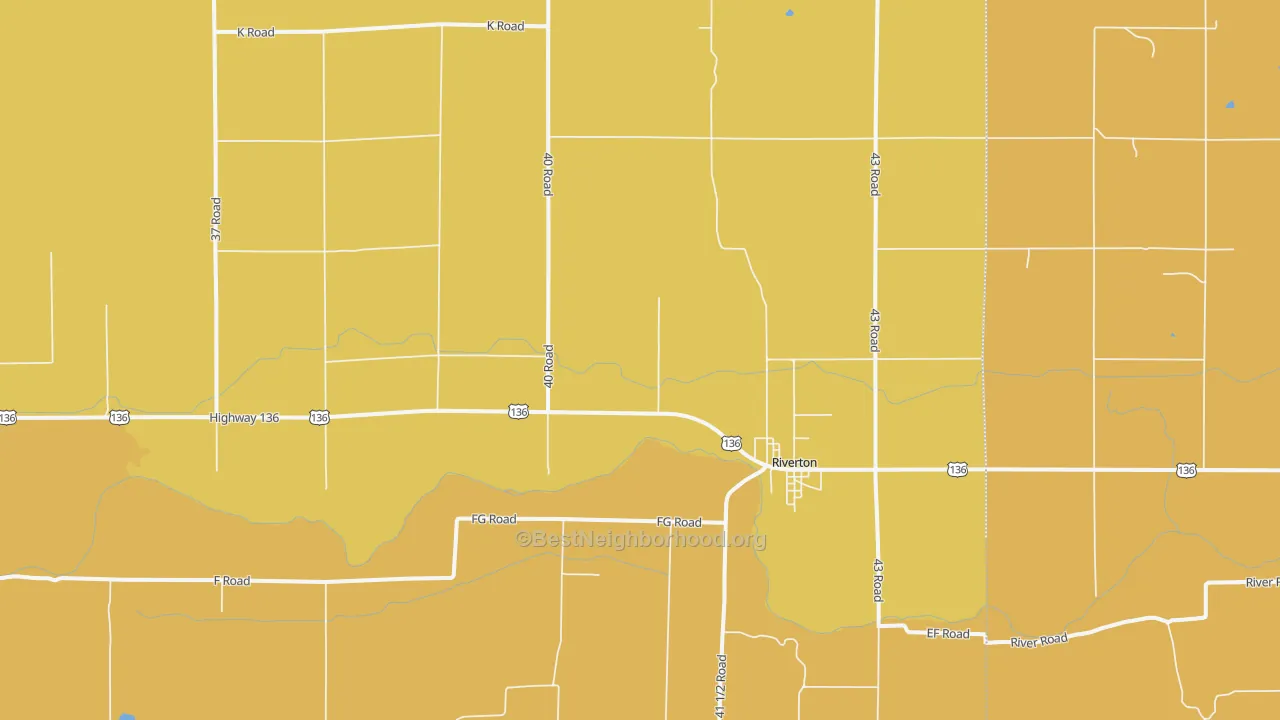 Map of the best neighborhoods in the Riverton area, with better matches in green and worse matches in red