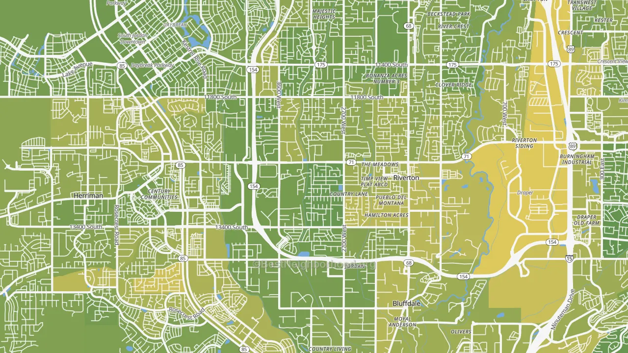 Map of the best neighborhoods in the Riverton area, with better matches in green and worse matches in red