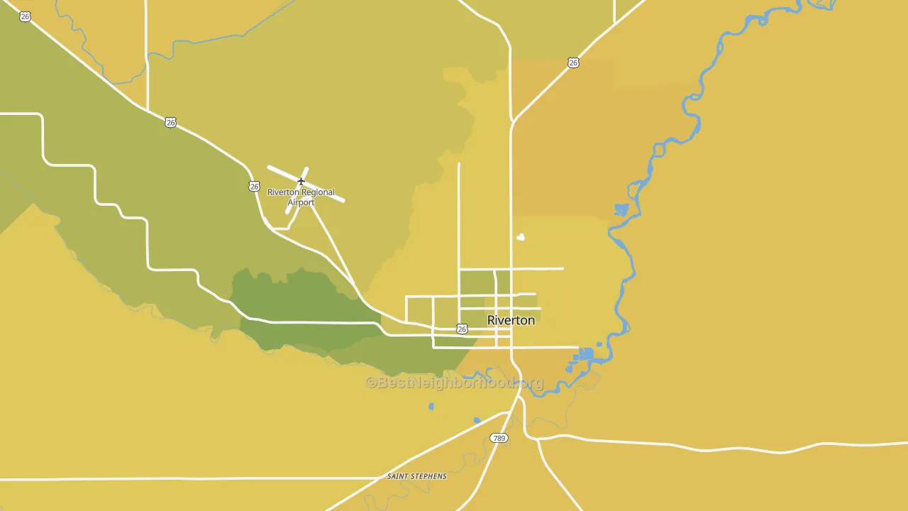 Map of the best neighborhoods in the Riverton area, with better matches in green and worse matches in red