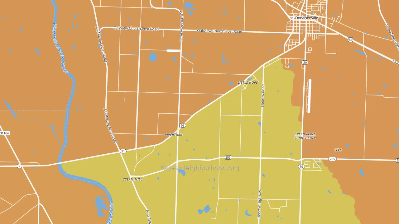 Map of the best neighborhoods in the Riverturn area, with better matches in green and worse matches in red