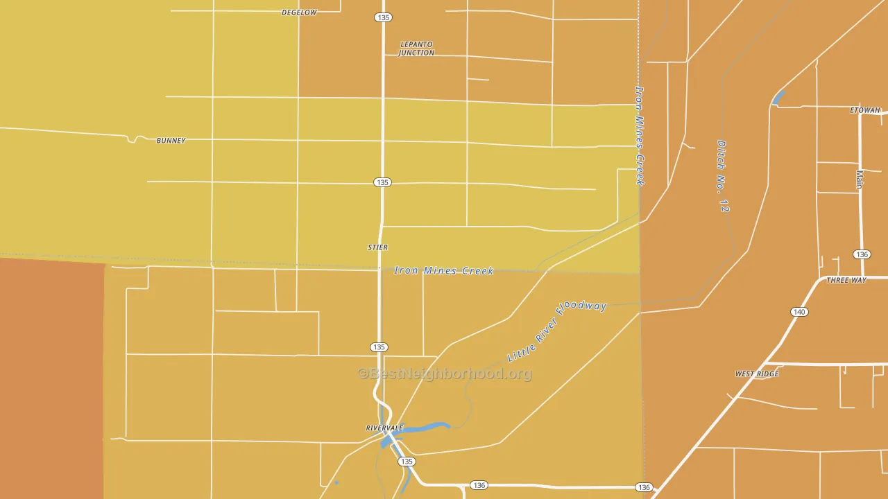 Map of the best neighborhoods in the Rivervale area, with better matches in green and worse matches in red