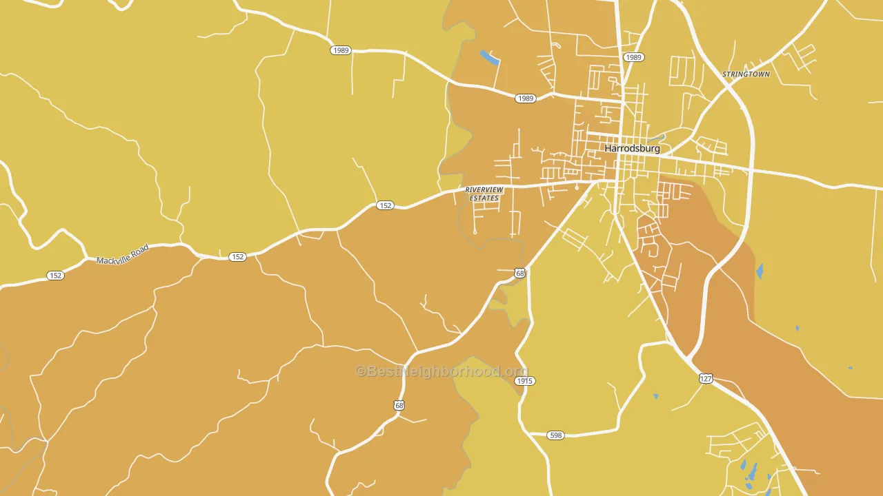 Map of the best neighborhoods in the Riverview Estates area, with better matches in green and worse matches in red