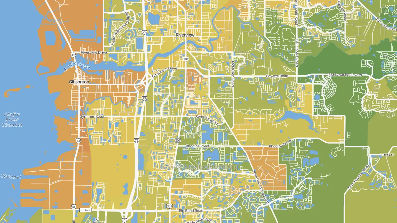 Map of the best neighborhoods in the Riverview area, with better matches in green and worse matches in red