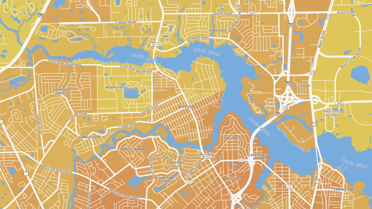 Map of the best neighborhoods in the Riverview, Jacksonville area, with better matches in green and worse matches in red