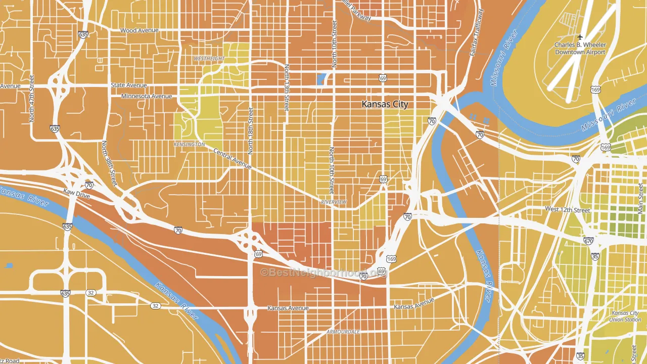Map of the best neighborhoods in the Riverview, Kansas City area, with better matches in green and worse matches in red