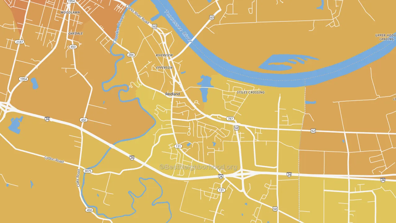 Map of the best neighborhoods in the Riverview area, with better matches in green and worse matches in red