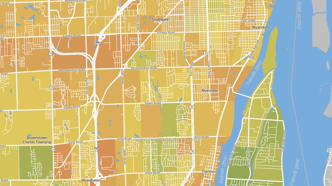 Map of the best neighborhoods in the Riverview area, with better matches in green and worse matches in red