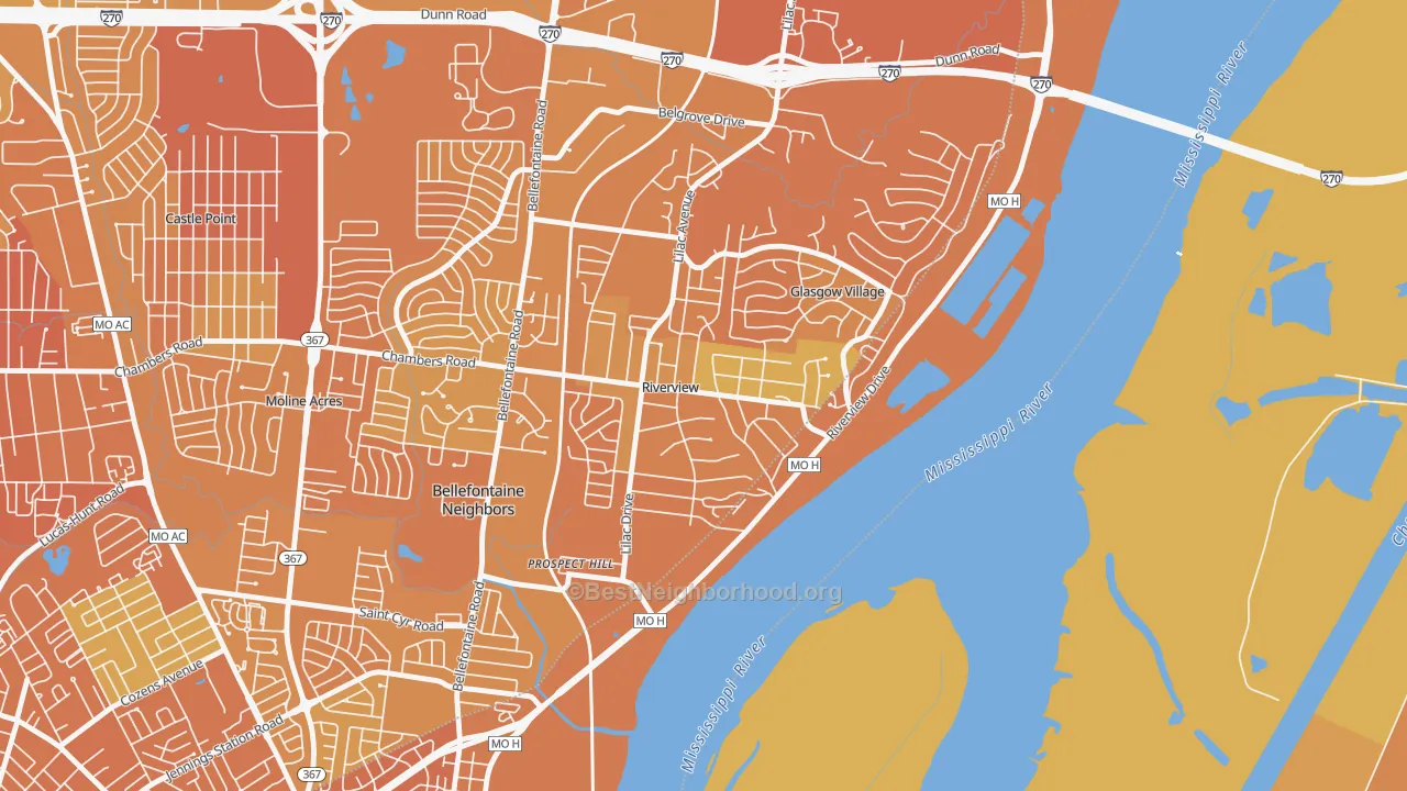 Map of the best neighborhoods in the Riverview area, with better matches in green and worse matches in red