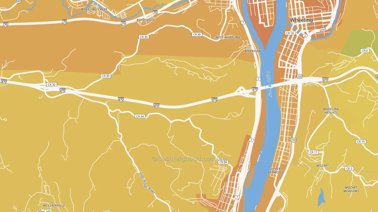Map of the best neighborhoods in the Riverview area, with better matches in green and worse matches in red
