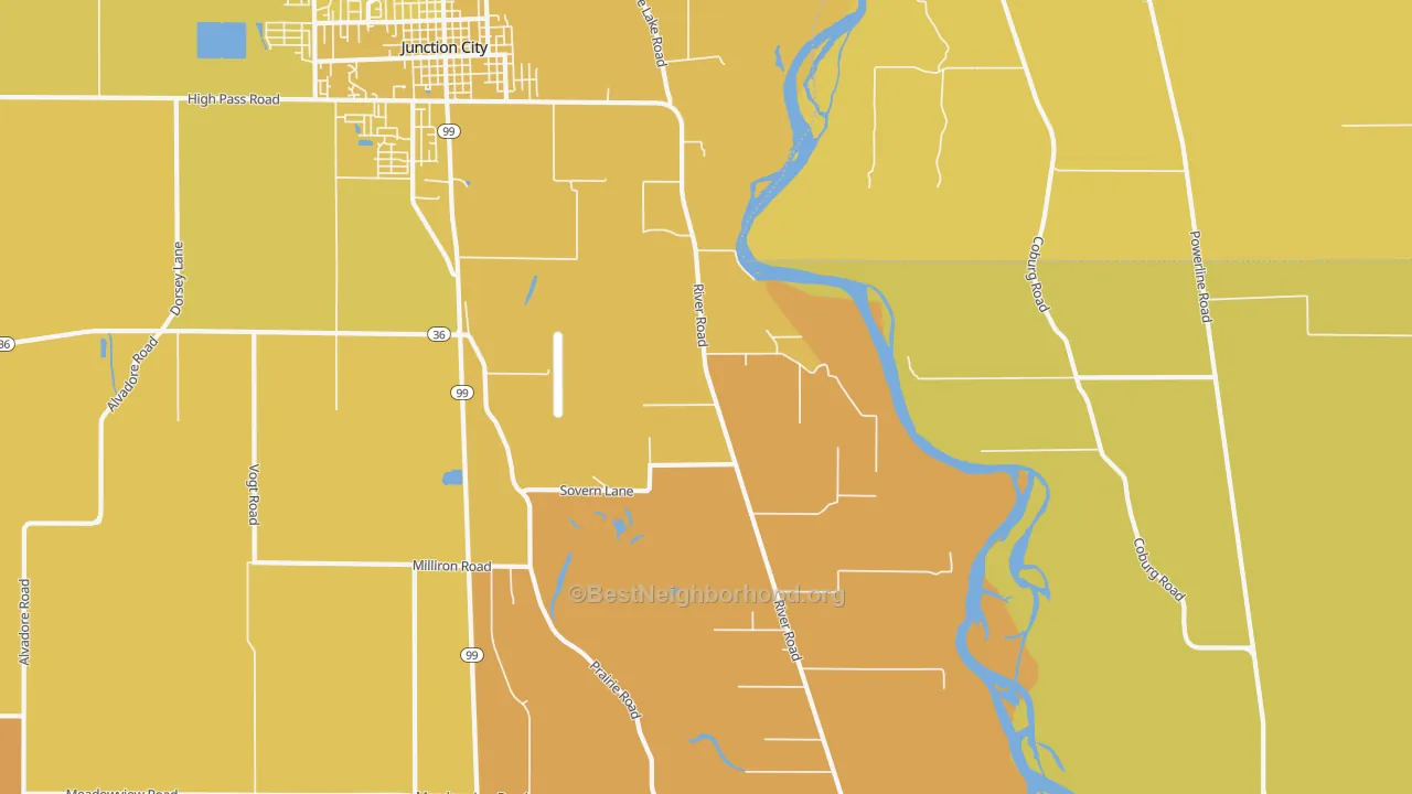 Map of the best neighborhoods in the Riverview area, with better matches in green and worse matches in red