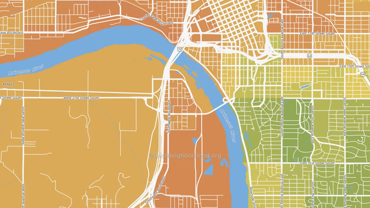 Map of the best neighborhoods in the Riverview Park, Tulsa area, with better matches in green and worse matches in red