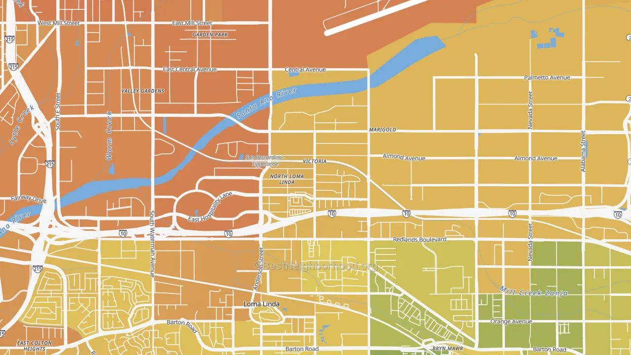 Map of the best neighborhoods in the Riverview, San Bernardino area, with better matches in green and worse matches in red