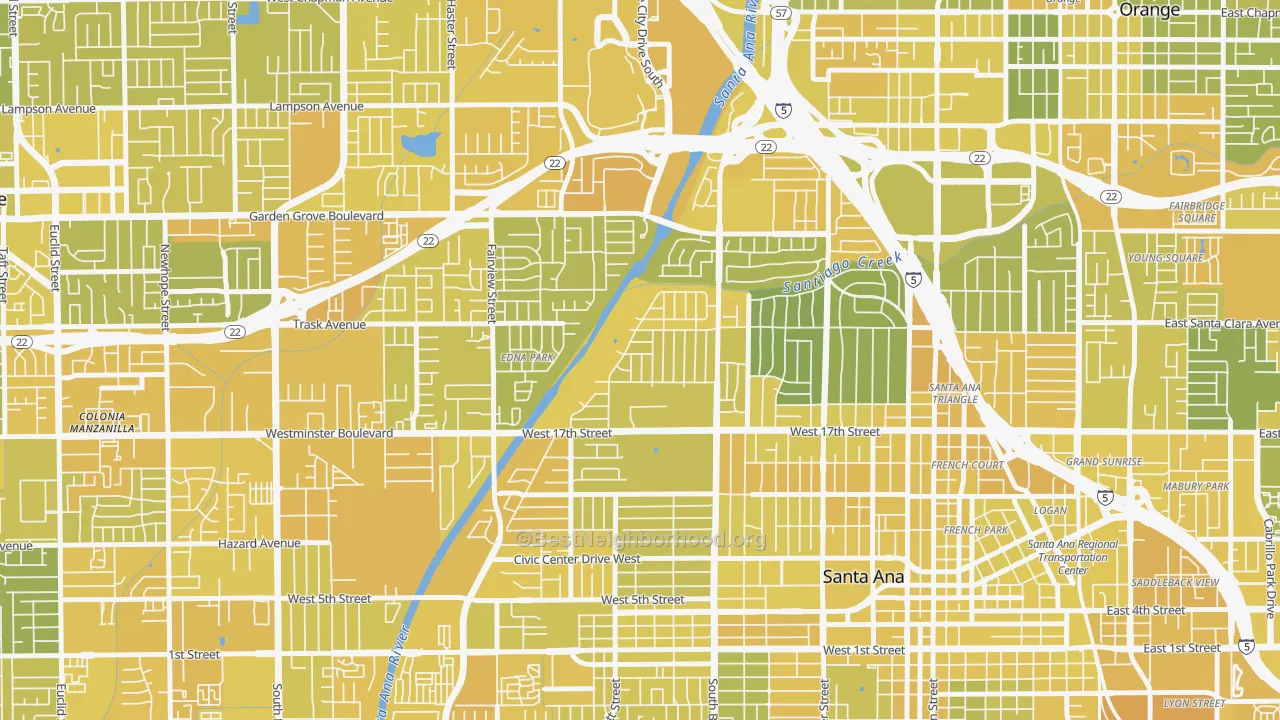 Map of the best neighborhoods in the Riverview-Santa Ana, Santa Ana area, with better matches in green and worse matches in red