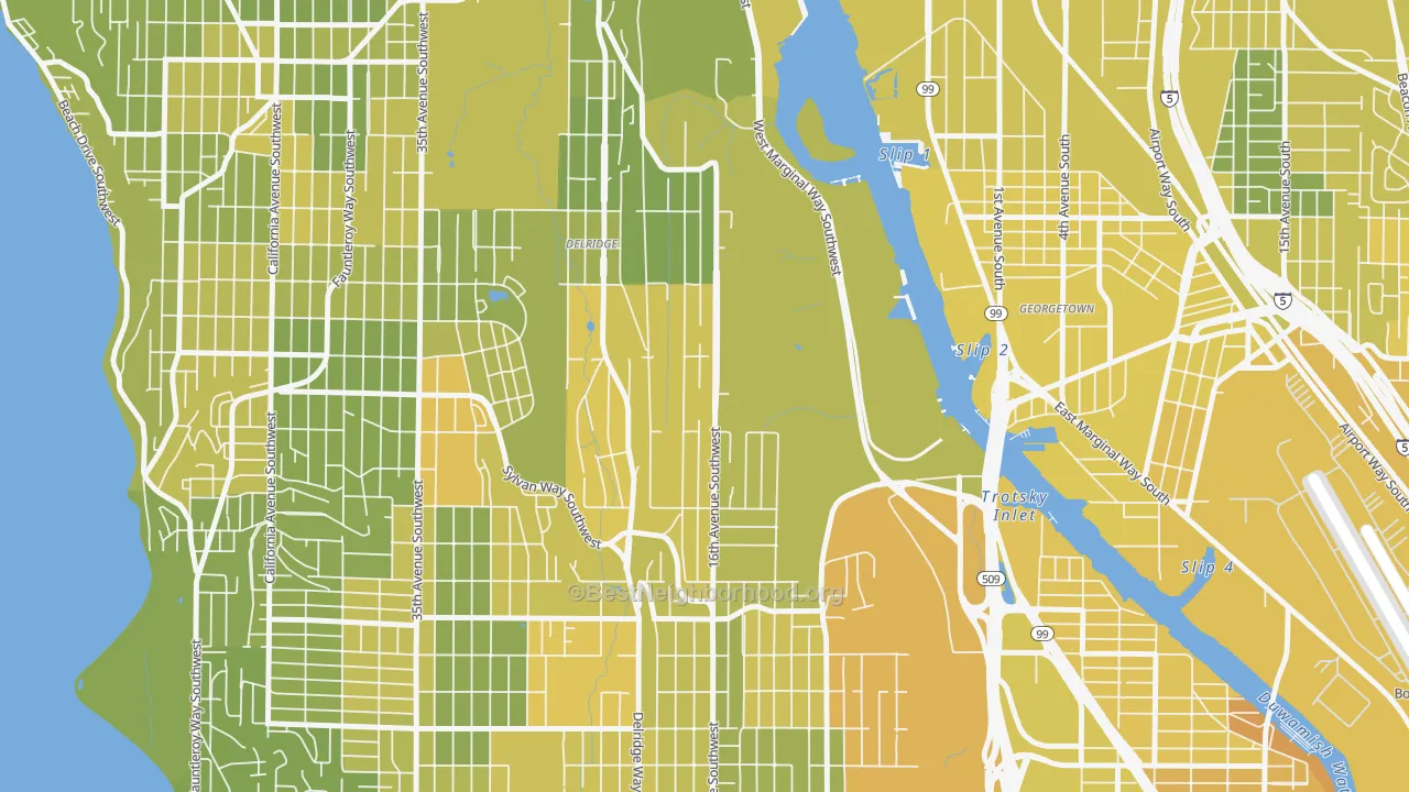 Map of the best neighborhoods in the Riverview, Seattle area, with better matches in green and worse matches in red