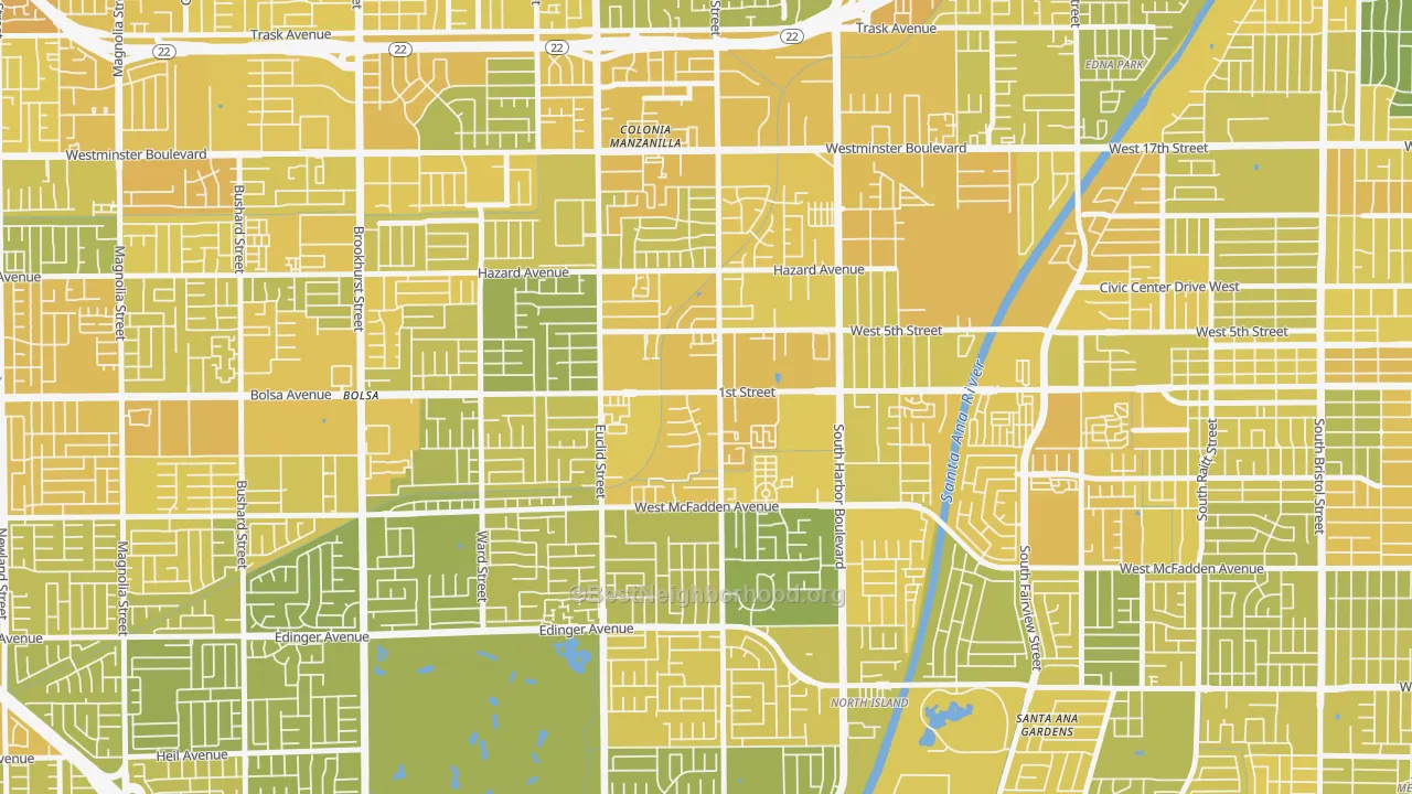 Map of the best neighborhoods in the Riverview West, Santa Ana area, with better matches in green and worse matches in red