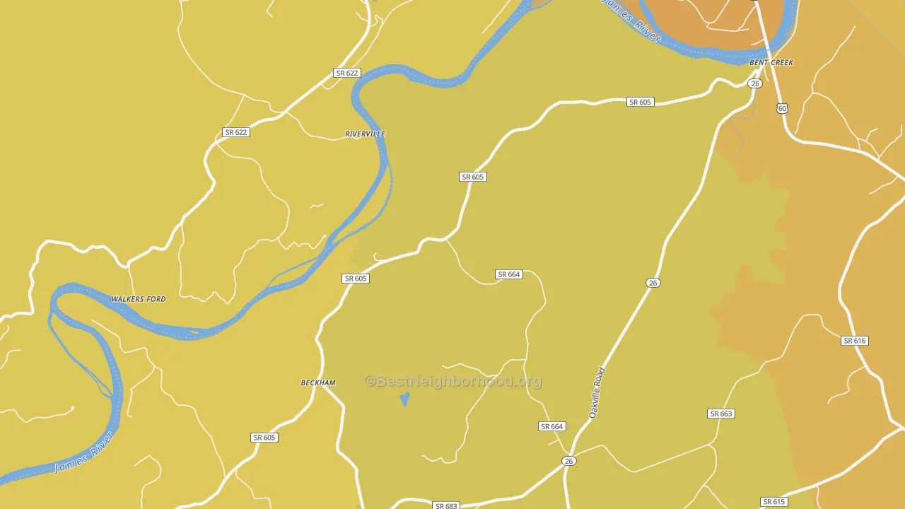 Map of the best neighborhoods in the Riverville area, with better matches in green and worse matches in red