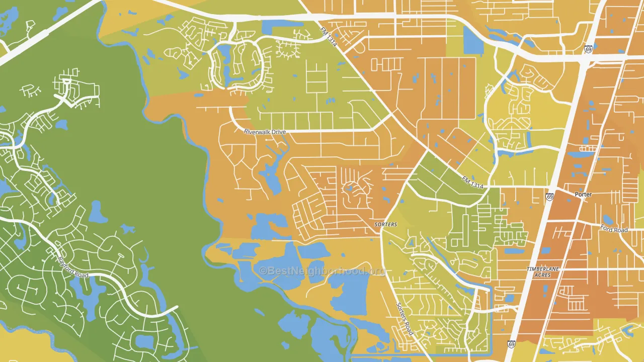 Map of the best neighborhoods in the Riverwalk, Porter area, with better matches in green and worse matches in red