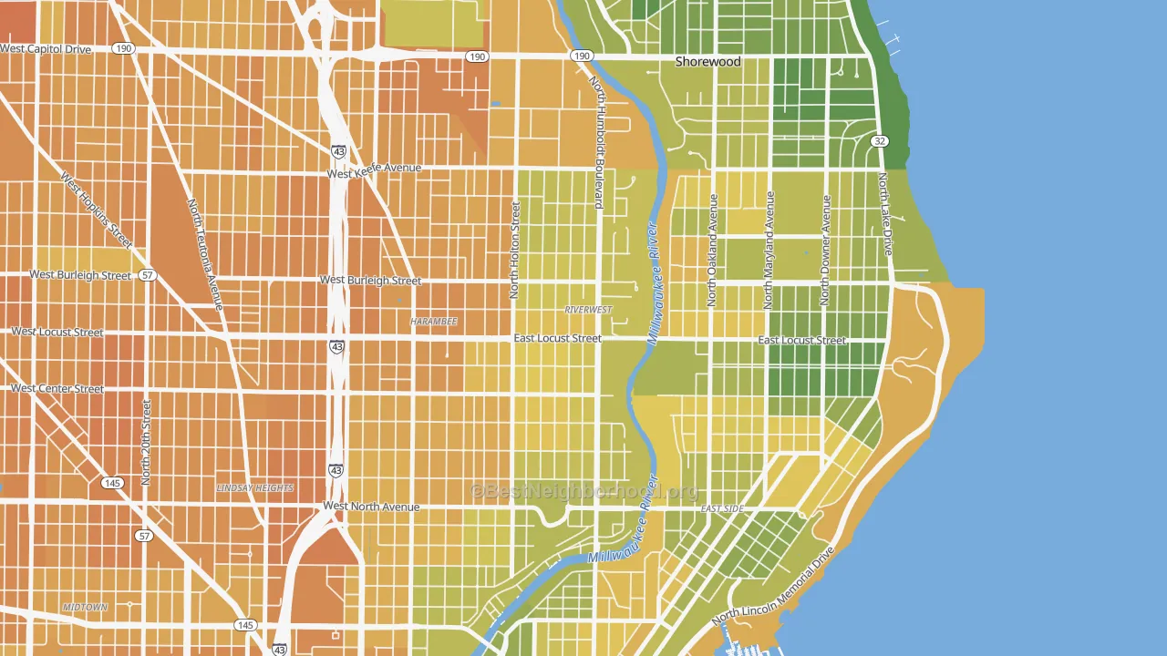 Map of the best neighborhoods in the Riverwest, Milwaukee area, with better matches in green and worse matches in red