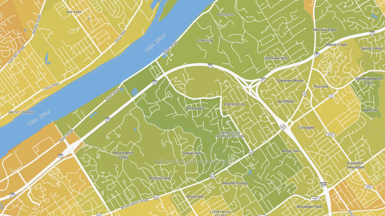 Map of the best neighborhoods in the Riverwood area, with better matches in green and worse matches in red