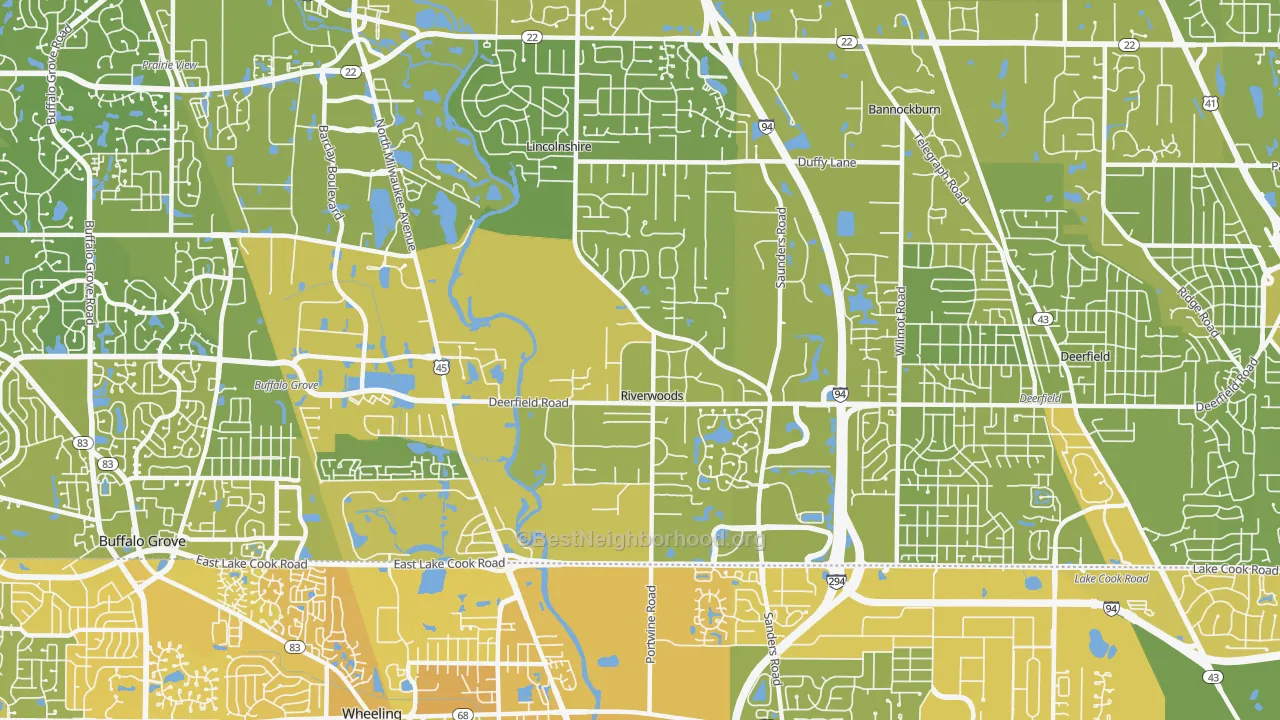 Map of the best neighborhoods in the Riverwoods area, with better matches in green and worse matches in red