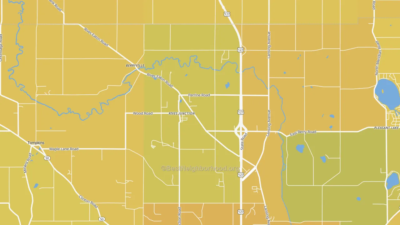 Map of the best neighborhoods in the Rives Junction area, with better matches in green and worse matches in red