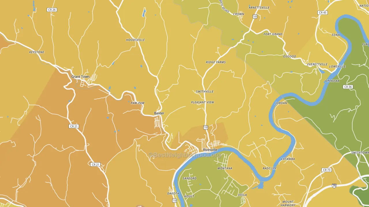 Map of the best neighborhoods in the Rivesville area, with better matches in green and worse matches in red