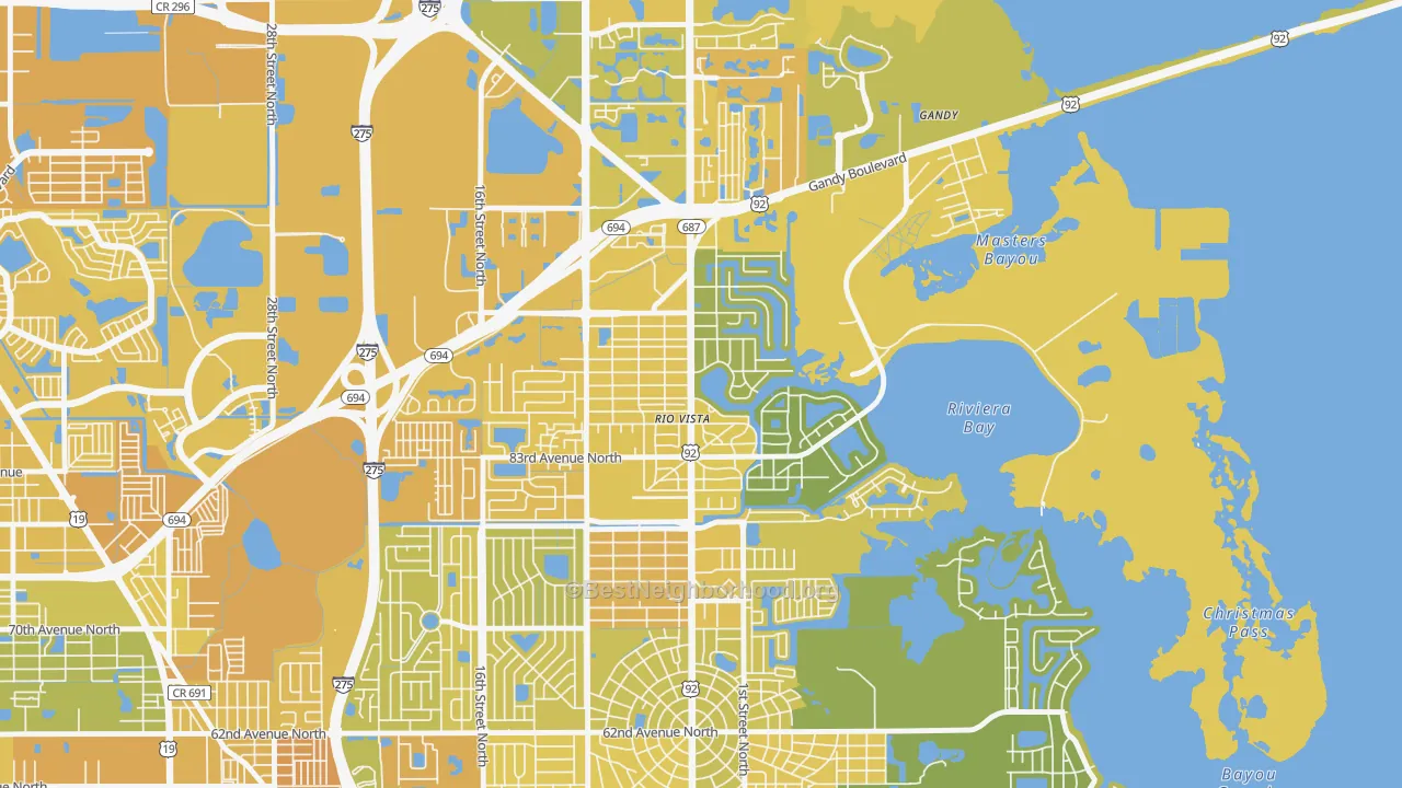 Map of the best neighborhoods in the Riviera Bay, St. Petersburg area, with better matches in green and worse matches in red