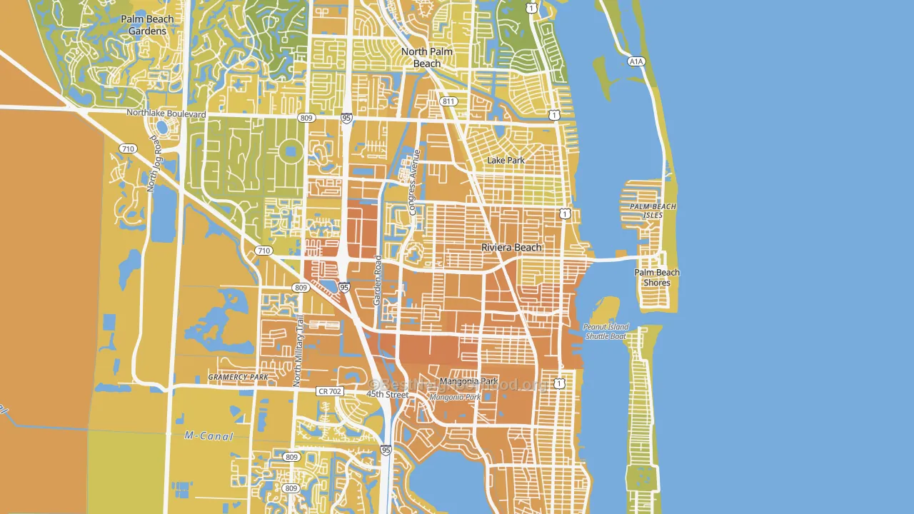 Map of the best neighborhoods in the Riviera Beach area, with better matches in green and worse matches in red