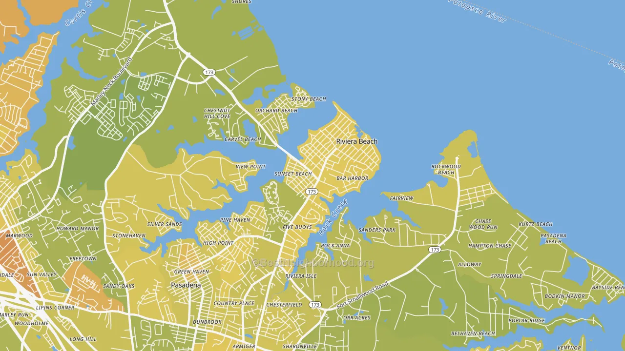 Map of the best neighborhoods in the Riviera Beach area, with better matches in green and worse matches in red