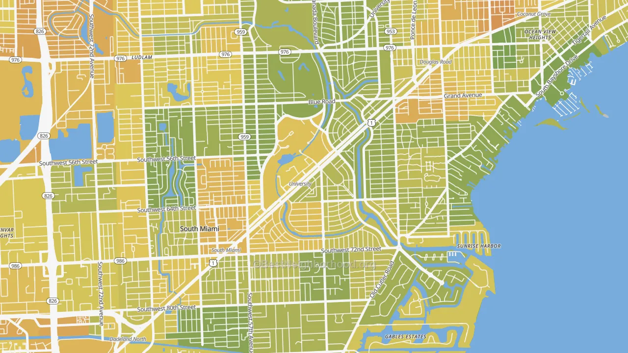 Map of the best neighborhoods in the Riviera, Coral Gables area, with better matches in green and worse matches in red