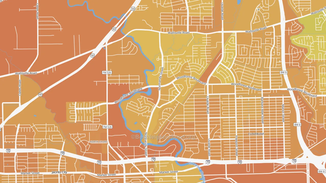 Map of the best neighborhoods in the Riviera East, Houston area, with better matches in green and worse matches in red