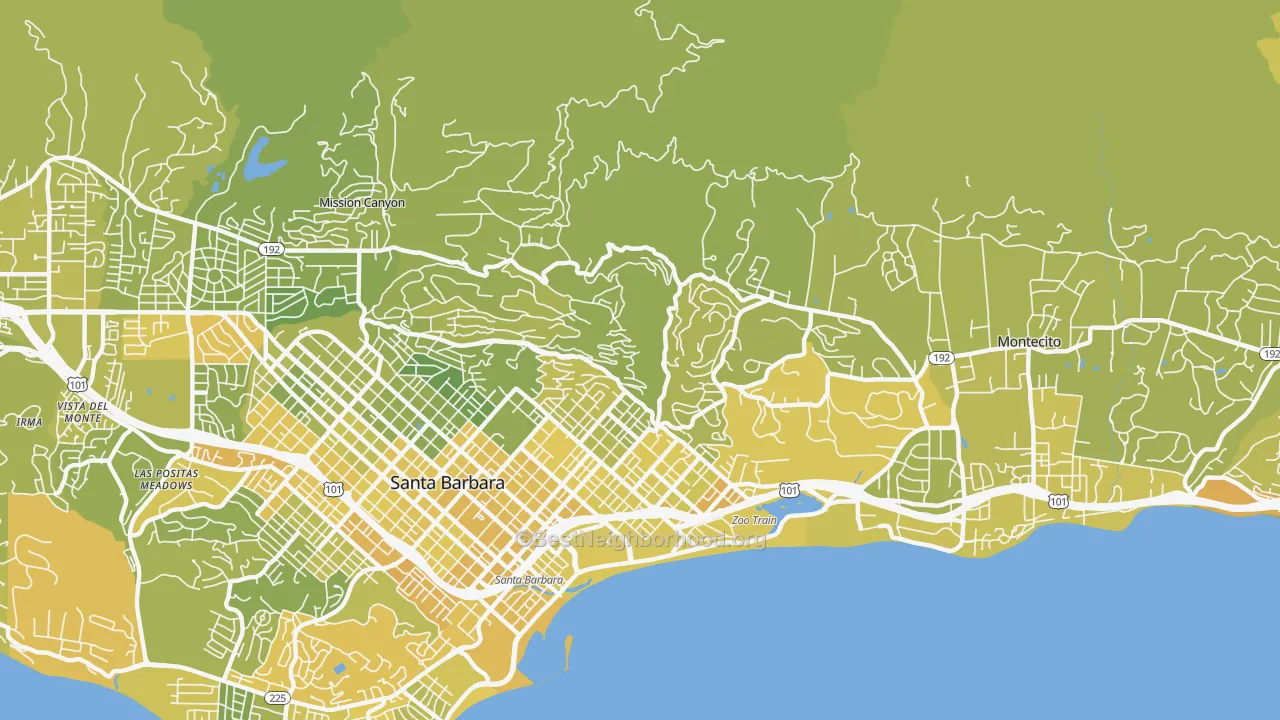 Map of the best neighborhoods in the Riviera, Santa Barbara area, with better matches in green and worse matches in red