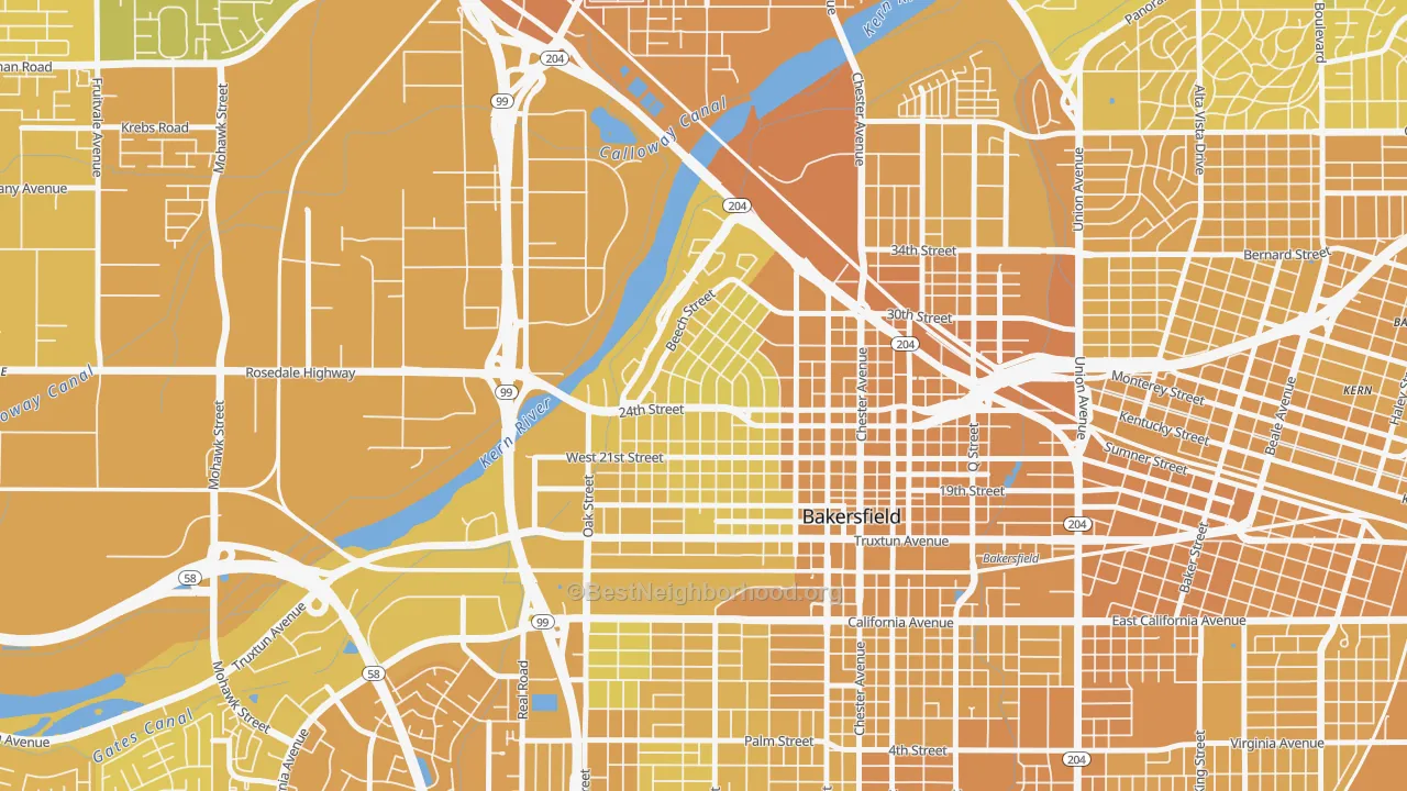 Map of the best neighborhoods in the Riviera-Westchester, Bakersfield area, with better matches in green and worse matches in red