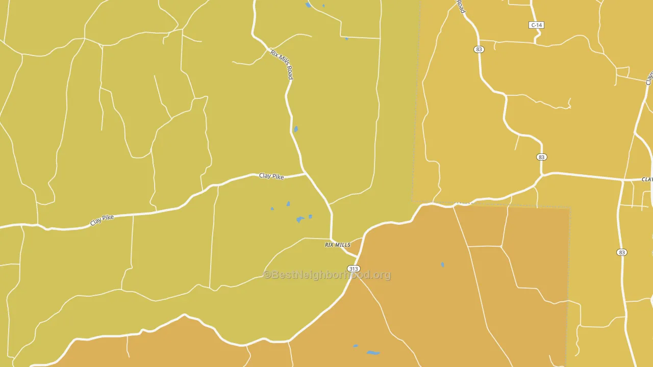 Map of the best neighborhoods in the Rix Mills area, with better matches in green and worse matches in red
