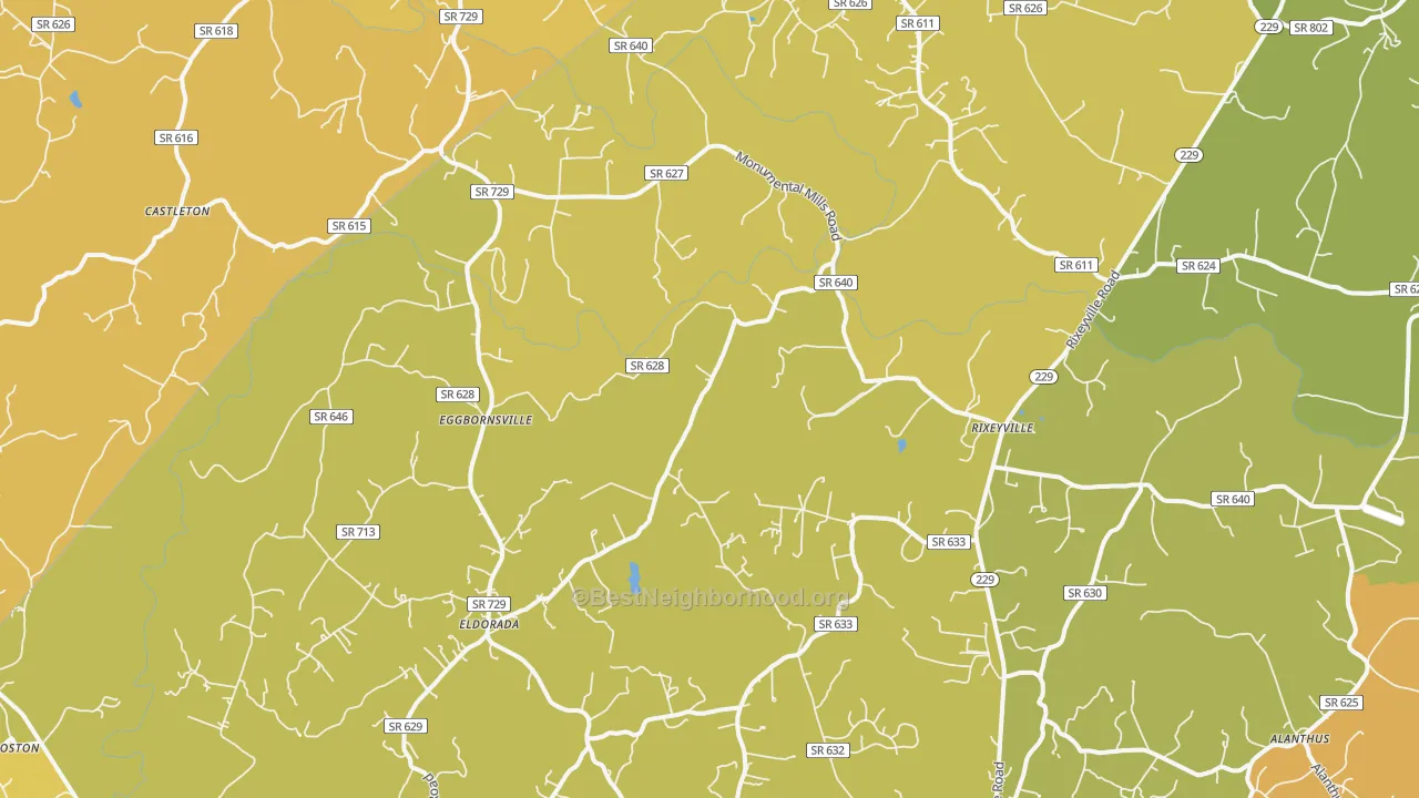 Map of the best neighborhoods in the Rixeyville area, with better matches in green and worse matches in red