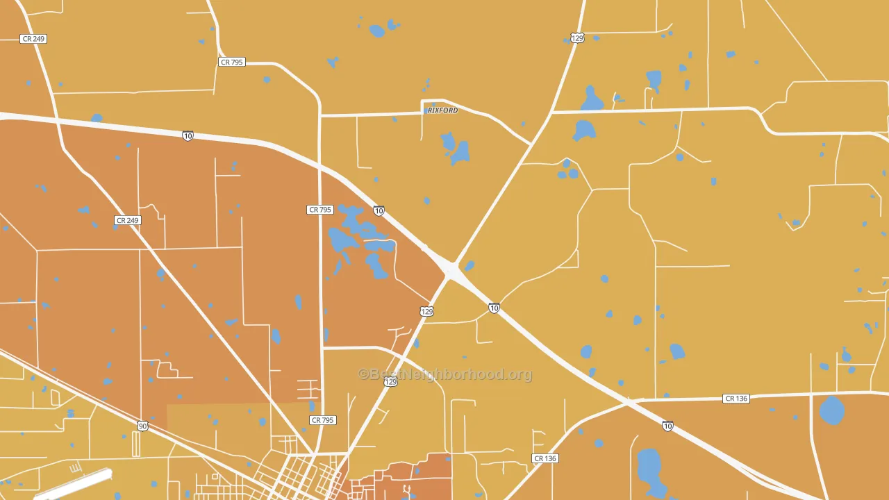 Map of the best neighborhoods in the Rixford area, with better matches in green and worse matches in red